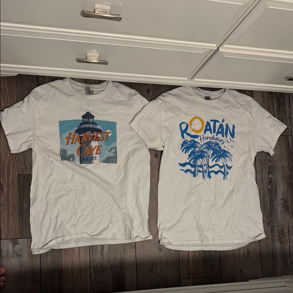White Graphic T-Shirts with Blue and Orange Designs